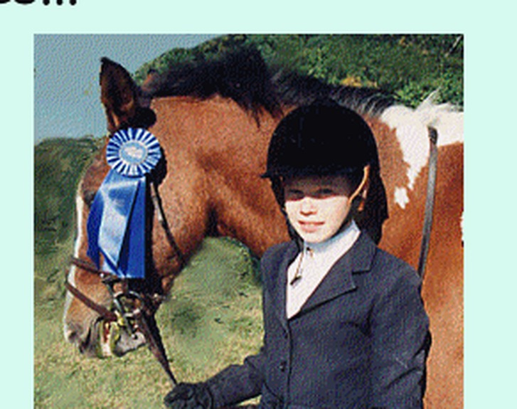 Tricia with her pony and a blue award ribbon